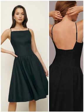 Reformation Linen Low Back Black Clarabelle Dress, 10